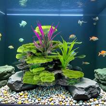 一套全新水族箱装饰——耐用ABS树脂仿岩石，搭配人造苔藓和紫色水生植物，增强水下景观，为鱼虾提供天然的藏身之处 | 适用于鱼缸、龟缸和水景 | 表面纹理设计，树脂材质，适用于海水水族箱 - 彩色 - 查看 6