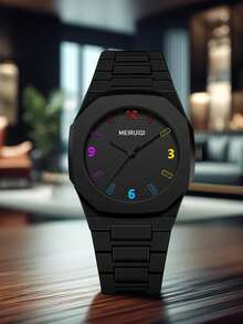 1pc Men's Black Rubber Strap Fashionable Casual Simple Colored Digital Dial Quartz Wrist Watch - Black - View 3