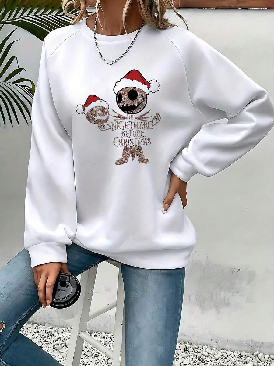 Nightmare Before Christmas Women's Tim Inspired  & Sally Graphic Sweatshirt - Cozy Fall Winter Pullover, Casual Round Neck Sweater For Halloween & Christmas, Machine Washable - trắng - Xem 1