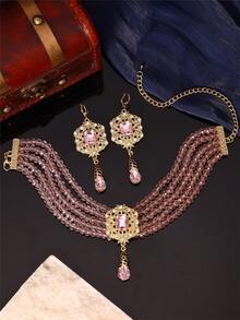 1 Set Luxury Handmade Necklace And Earrings Jewelry Set For Women, Includes Necklace And Earrings, Multi-Layer Design With Metal Pendant, Moroccan Style Bridal Wedding Party Jewelry Gift