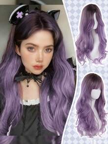 26 Inch Purple Gradient Long Curly Hair Wig With Bangs Lolita Wig Synthetic Heat-Resistant Fiber Wig Suitable For Ladies Halloween Christmas Role-Playing Party Ball To Wear - Multicolor - View 3