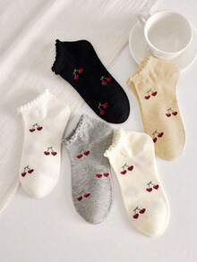 5 Pairs Women's Cute Cherry Pattern Simple Ankle Socks With Ruffle Trim, Fashion Ins Style Comfortable White Socks, Random Color, Suitable For Summer, Autumn And Winter - Multicolor - View 6