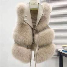 Short Faux Fox Fur Vest For Women Fashion Women Vest - 藕粉紅色+黑皮 - 查看 7