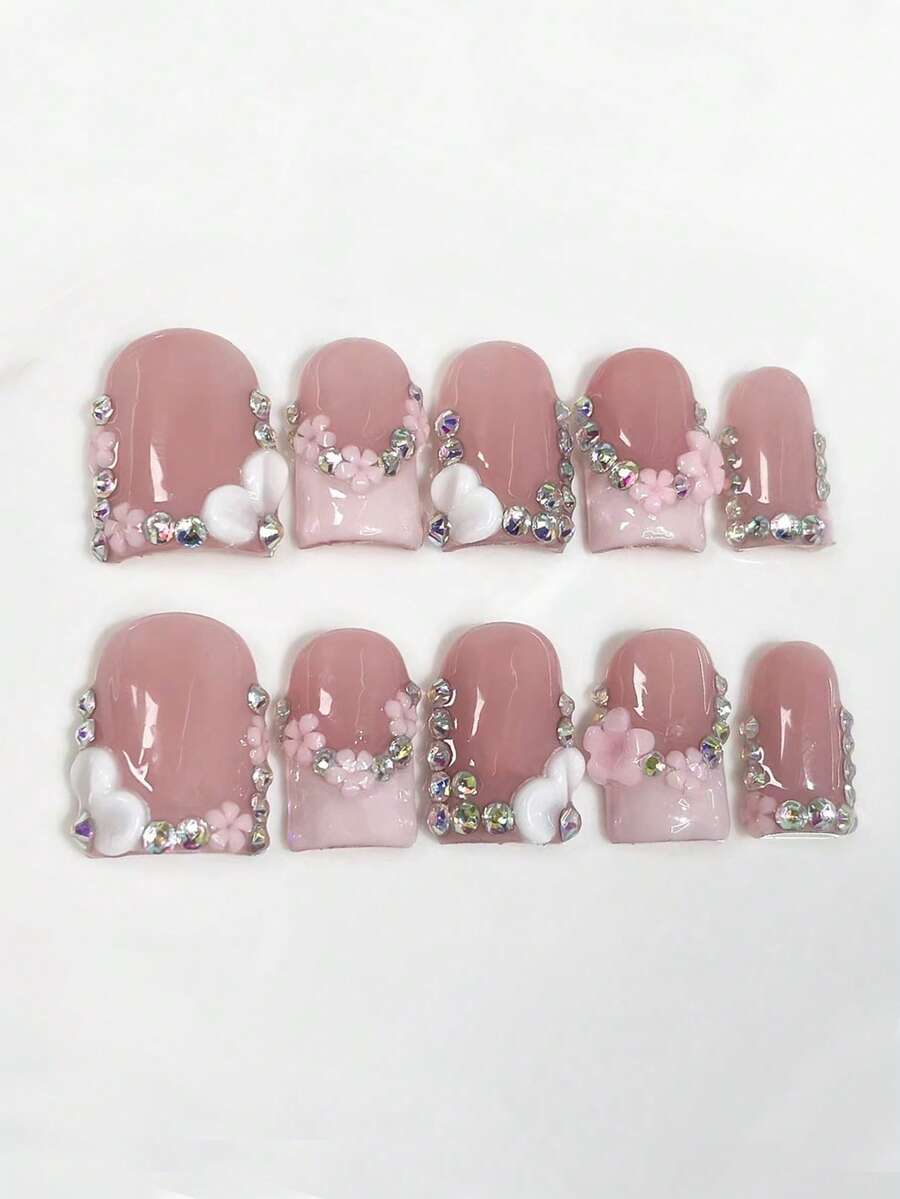 10 móng giả vuông ngắn màu hồng nude, họa tiết 3D tinh tế, đính đá lấp lánh kiểu Pháp tối giản, thích hợp sử dụng hàng ngày, móng giả dán, dụng cụ làm móng thủ công cho nữ. - Hồng - Xem 1