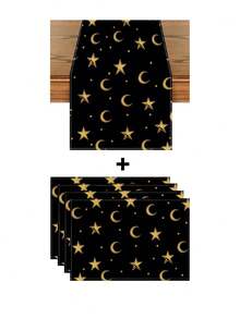 1pc/Set Linen Placemat With Star & Moon Design, Black & White, Seasonal Kitchen Dining Table Decor, Home Decor, Suitable For Party, Gathering, Family Meal - Multicolor - View 11