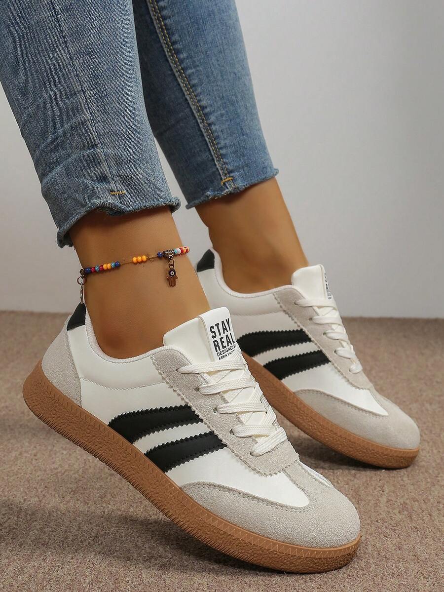Retro Platform Sneakers, White Shoes, Contrast Color Design, Women's Black & White Vintage Classic Low-Top Sneakers - Iconic Stripes, Lightweight, Thick Rubber Sole, Comfortable Women's Shoes, Lace-Up Round Toe Casual Shoes, Synthetic Leather Upper, School Shoes, Suitable For Jeans, Dresses, Daily Wear, Running Shoes, Athletic Shoes, Women's Shoes, Ladies Shoes, Women's Sneakers, White Sneakers