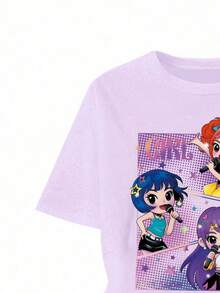 女童卡通印花圆领短袖休闲T恤和修身喇叭裤套装 - 紫色 - 查看 4