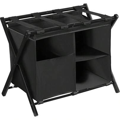 Heybly Luggage Rack With Laundry Bag,Steel Folding Suitcase Stand For Bedroom, Hotel, Foldable Steel Frame, Guest Room Bedroom Hote, 23.62" L X 15.57" W X 24.21" H, Black,HLR006B1