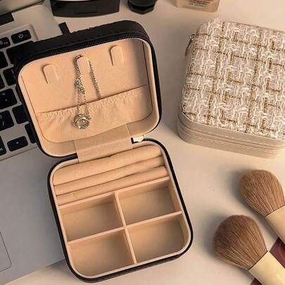 1 hộp đựng trang sức du lịch, hộp đựng trang sức, hộp đựng trang sức, hộp đựng đa năng di động có khóa kéo hai lớp, hộp đựng hình chữ nhật để bàn, hộp đựng trang sức chống bụi, hộp đựng trang sức đa năng