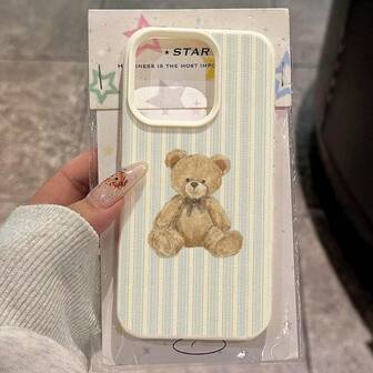 1pc TPU Material Cute Blue Striped Bear Pattern Phone Case Compatible With IPhone 17 Pro Max/17/16 Pro Max/15/13/12/11, S20 FE/A15/S24/A55, Redmi Note 11/Note 12/Note 13 Pro, Shockproof Soft Protective Cover