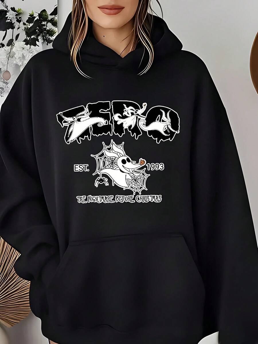 's Tim 's Nightmare Before Christmas Zero & Sally Inspired Hoodie - Officially Inspired Black & White Gothic Font Logo, Soft Casual Sweatshirt (S-XXL) For Year-Round Wear, Themed Parties & Daily Outfits - Iconic Movie Out - 黑色 - 查看 1