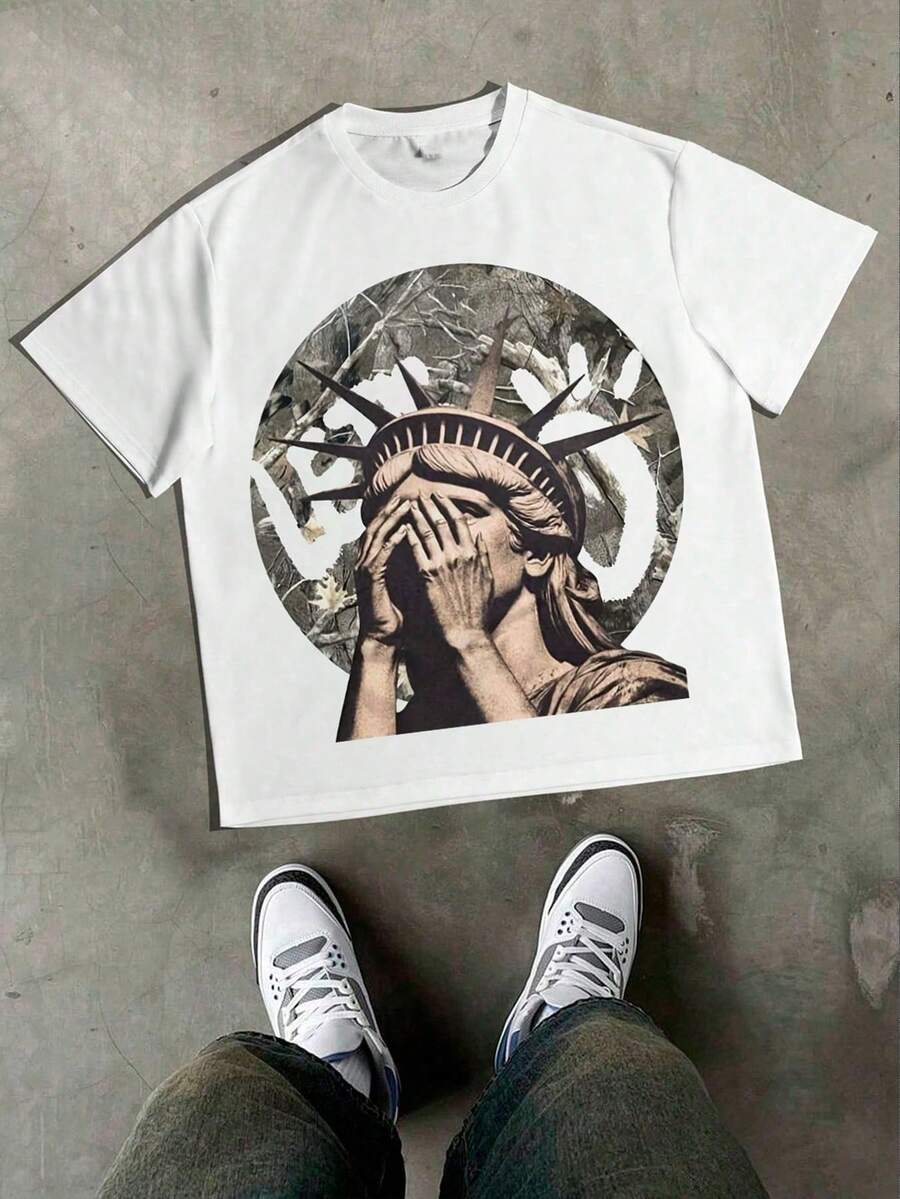 Liberty In Grief(100 Percent Cotton T-Shirt)Y2K Graphic Tees Men Men's 220g Round Neck Short-Sleeved Cotton Casual T-Shirt, Loose Style, Versatile, Unisex, Suitable For Holiday Trave - 白色 - 查看 1