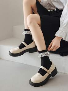 1/2/3/4/5 双女士米色网眼蕾丝荷叶边中筒袜，可爱时尚，适合所有季节 - 黑色 - 查看 1