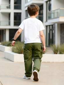 2件套幼儿男童夏季短袖T恤和工装裤套装，卡通恐龙印花，休闲舒适 - 橄欖綠 - 查看 5