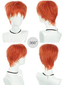 Peluca naranja corta y recta para hombres, estilo anime, cabello naranja corto con flequillo, fácil de peinar, adecuada para Halloween, natural, elegante, versátil, apropiada para fiestas y reuniones - Naranja - Ver 5