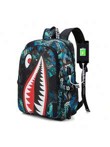 青少年新款时尚百搭鲨鱼图案大容量背包，简约独特的校园背包，适合返校季，轻巧的夏季印花背包，全身随机印花（所有织带和字母均为随机）书包返校用品 - 藍色 - 查看 10