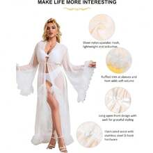 Sheer Tulle Robe For Women Long Lace Bridal Robe Plus Size Fancy Bridal Wedding Nightgown With Belt,28181098 - trắng - Xem 5