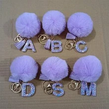 Mặt dây chuyền móc khóa hình quả bông lông vũ đính đá hoa vân anh, phụ kiện móc khóa túi xách thời trang - Màu tím hoa cà - Xem 2