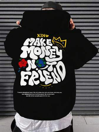 男士地球皇冠印花休闲长袖抽绳连帽衫，带天鹅绒