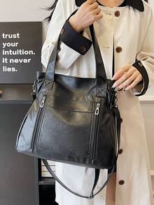 1 pieza Bolso vintage de gran capacidad, Bolso de hombro y mensajero vintage de PU, Bolso de mano casual y billetera para mujer - Negro - Ver 6