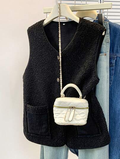 YUXIN Élément essentiel pour les femmes en automne/hiver ! Gilet sans manches en fausse laine d'agneau douce avec deux poches, super chaud et polyvalent pour un port quotidien