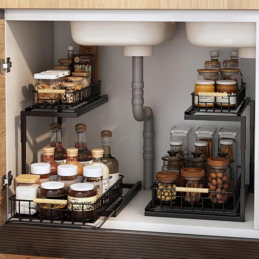 Organizador Bajo del Fregadero con Deslizamiento Ajustables Estante Organizador de Fregadero Cocina y Baño Extraíble para Gabinete 2 Niveles Cajón Deslizante Metal Especieros para Cocina - 1Pieza - Ver 1