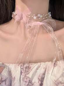 1 chiếc vòng cổ choker hình bướm trắng sang trọng, đính ngọc trai giả, thích hợp cho đám cưới, đeo hàng ngày, đi nghỉ mát hoặc ngày Valentine. - Hồng - Xem 2