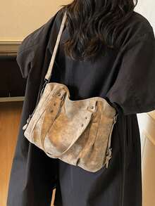 Nouveau sac fourre-tout de grande capacité, sac à épaule polyvalent pour femmes, sac bandoulière et sous le bras de couleur unie mate - Kaki - Voir 2