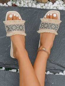 Sandalias planas de tela versátiles y cómodas con flecos, de gran para el verano - Negro - Ver 2