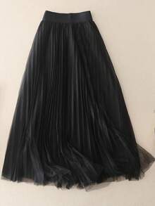 LuminousWealth 女士优雅褶裥网纱 A 字裙，适合休闲或办公场合穿着，简约优雅 | 涤纶网纱裙，四季皆宜，非常适合新年、派对等场合 - 黑色 - 查看 9