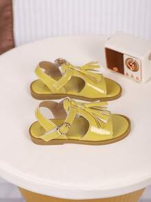 1 Pair Girls' Sandals, New Bowknot Princess Shoes, Elastic Band Design, Soft Bottom Casual Girls' Beach Shoes, Suitable For Summer Wear - Yellow - View 5