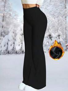 Plus Size Women's High Waist Solid Color Winter Warm Flared Pants Sports Yoga Pants Compression Tights Running Fitness Pants, Women's Leggings, Women's Clothing - Black - View 2