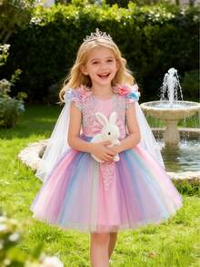 Vestido de princesa con decoración de lazo rosa dulce para niñas, vestido de encaje y parches de manga corta con degradado arcoíris de moda para niñas pequeñas, regalo del 1er cumpleaños del bebé, chal ligero y transparente, vestido de fiesta con decoración de flores 3D de malla de tul para niñas, adecuado para uso diario, fiestas, festivales y eventos escolares - Rosa Pálido - Ver 4