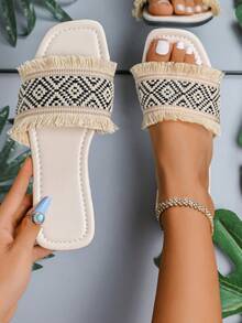 Sandalias planas de tela versátiles y cómodas con flecos, de gran para el verano - Negro - Ver 1