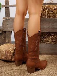 FVPFVP 2024 جزمة كاوبوي جلد طبيعي حقيقي بنمط غربي كلاسيكي برقبة طويلة حتى الركبة للنساء، بأصبع قدم مدبب، موضة خريف جديدة - بني - مشاهدة 5