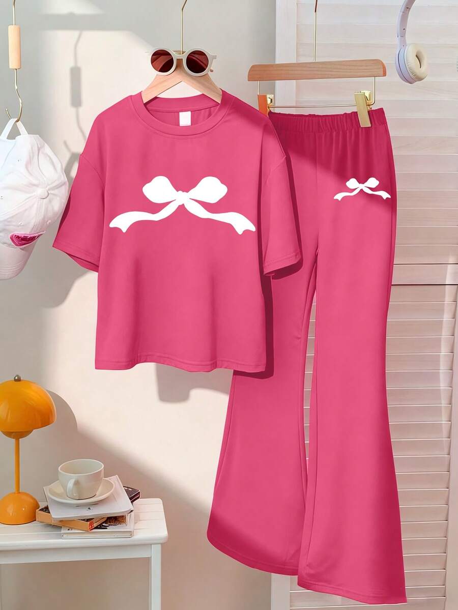 女童夏季上衣和短裤两件套，宽松短袖T恤套装，休闲简约风格，适合夏季穿着，适合上学/运动/户外活动 - 玫紅色 - 查看 1