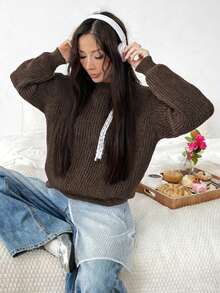 1pc Girls/Teens Casual Loose Comfortable Outdoor Thick Knitted Long Sleeve Sweater, Autumn/Winter - 咖啡棕 - 查看 4