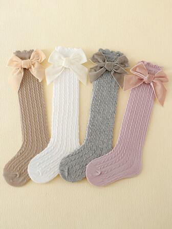 4双女童纯色蝴蝶结隐形平底袜，适合日常穿着