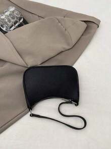 纯色极简拉链单肩包，时尚新月形包，拉链单肩包，仿皮纯色钱包，酒红色内衣收纳袋，理想的新年礼物，时尚酒红色内衣收纳袋 - 黑色 - 查看 5