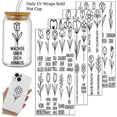 4张德国励志野花语录主题贴纸套装 - 激励友谊的名言转印纸，适用于家具、玻璃，易于粘贴，DIY家居生活灵感设计