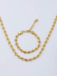 2-Piece Round Cuban Chain Set 24k Gold Plated Adjustable Necklace & Bracele Elegant Women's Gift Jewelry Set For Women - Vàng - Xem 2