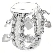 1pc Faux Pearl Beaded Watch Band Compatible With Apple Watch 38/40/41/42/44/45/46/49mm, Suitable For Women - Cuban Link Bracelet, With Cute Pendant Charm, Apple WatchWatch Seamsung Galaxy Watch 7/6/5/4/Active2 Classic 40/44mm, HUAWEI And Other 20mm/22mm Watch Faces (Band Only)