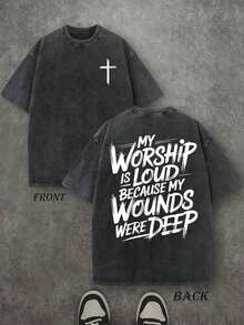 1pcMy Worship Is Loud Because My Wounds Were Deep Unisex Washed Christian Shirt, Christian Scripture T-Shirt, Vintage Retro Washed Shirt Double Sided Printed (230 Heavyweight Pure Cotton T-Shirt) High Quality Christian T-Shirt, Christian Gifts, Men's And Women's Shirts, Comfortable, Fashion Christian Shirt, Street Style Pure Cotton Fall Shirt Shirts Mens Clothes - 黑色 - 查看 1