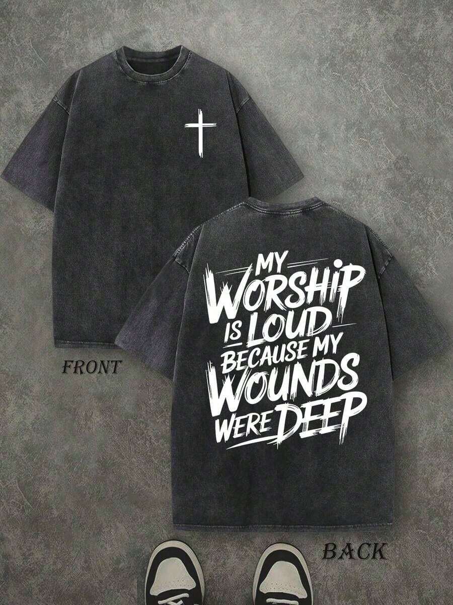 1pcMy Worship Is Loud Because My Wounds Were Deep Unisex Washed Christian Shirt, Christian Scripture T-Shirt, Vintage Retro Washed Shirt Double Sided Printed (230 Heavyweight Pure Cotton T-Shirt) High Quality Christian T-Shirt, Christian Gifts, Men's And Women's Shirts, Comfortable, Fashion Christian Shirt, Street Style Pure Cotton Fall Shirt Shirts Mens Clothes - 黑色 - 查看 1