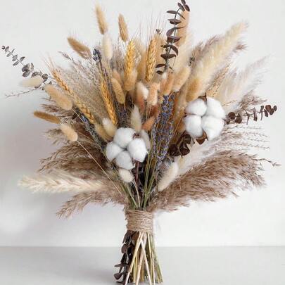 Natural Dried Flower Bouquet Pampas Grass Cotton Stems Bunny Tails Eucalyptus Lavender Wheat Rustic Boho Decor For Home Fall Decorations For Home Wedding Or Gift
