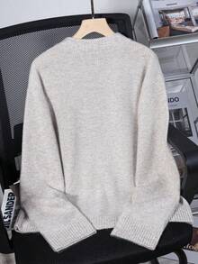 Grey Crew Neck Casual Knit Sweater For Women