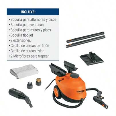 Limpiador a vapor, 1800W, Truper • Motor de 1800 W • Limpia y sanitiza superficies solo con agua • Elimina 99.99% de las bacterías, polvo o partículas de suciedad, desodoriza y desengrasa sin necesidad de químicos • Ideal para suciedad difícil de remover Especificaciones Potencia 1,800 W (2.4 HP) Presión máxima 50 psi Capacidad de tanque 1 L Temperatura de vapor 100º C Tiempo de calentamiento 1 minuto Vapor continuo (Flujo medio) 40 minutos Largo de manguera 2.4 m Tensión / Frecuencia 127 V / 60 Hz Consumo 15 A Ciclo de trabajo 50 minutos de trabajo por 20 minutos de descanso. Máximo diario 6 horas Largo de cable 2.78 m Dimensiones (Base x Altura x Fondo) 23 cm x 28 cm x 37 cm Peso 3.4 kg Incluye Boquilla para alfombras y pisos Boquilla para ventanas Boquilla para muros y pisos Boquilla tipo jet 2 Extensiones Cepillo de cerdas de nylon Cepillo de cerdas de latón 2 Microfibras para trapear
