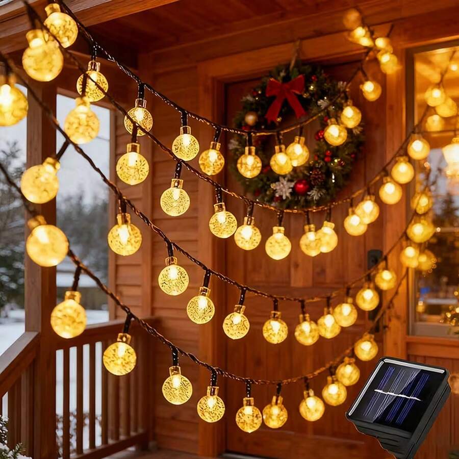 100 LED Solar-Powered Bubble Ball String Lights With 8 Lighting Modes, Automatically Turning On At Dusk And Off At Dawn, Perfect For Christmas Outdoor Gardens, Patios, Railings, And Wrapping Decorations. - 暖色 - 查看 1
