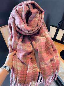 1 chiếc khăn choàng kẻ sọc phong cách Hàn Quốc màu hồng mềm mại, ấm áp và đa năng bằng len giả cho phụ nữ Phụ kiện mùa đông cho phụ nữ - Hồng - Xem 1