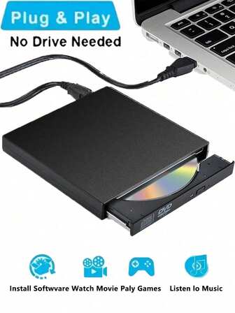 YAIUZGOO Unidad externa de CD/DVD USB 2.0 delgada, unidad óptica externa, reproductor de DVD, grabadora de CD-R, compatible con escritorio y portátil, para Windows, Linux y MacBook